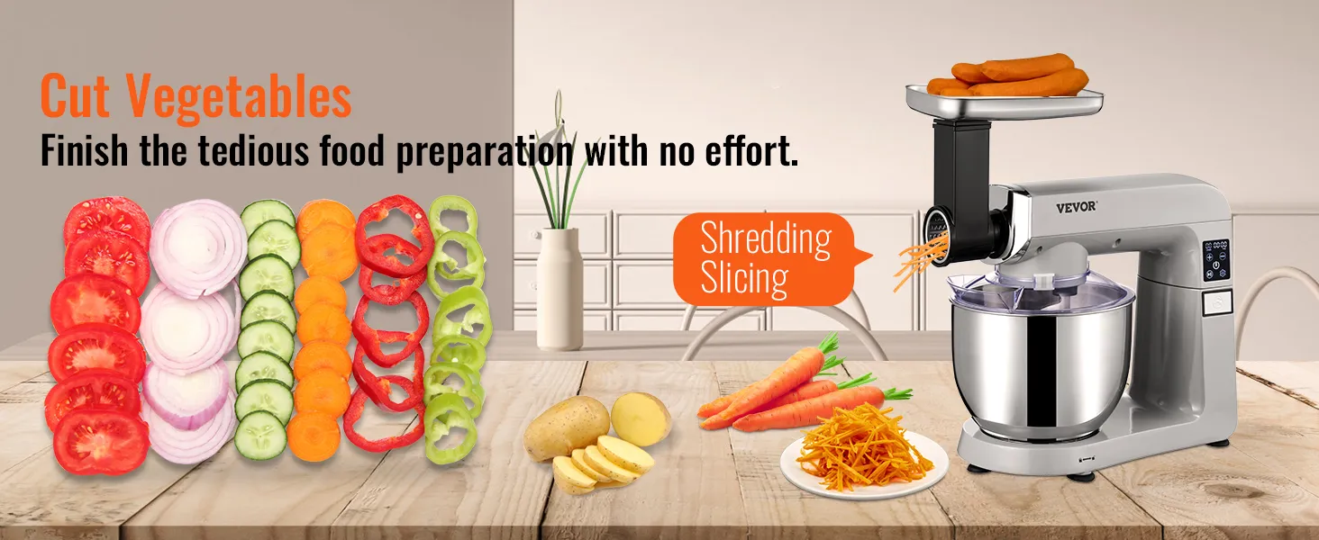 VEVOR stand mixer slicing vegetables, shredding carrots, and showcasing sliced tomatoes, onions, and peppers.