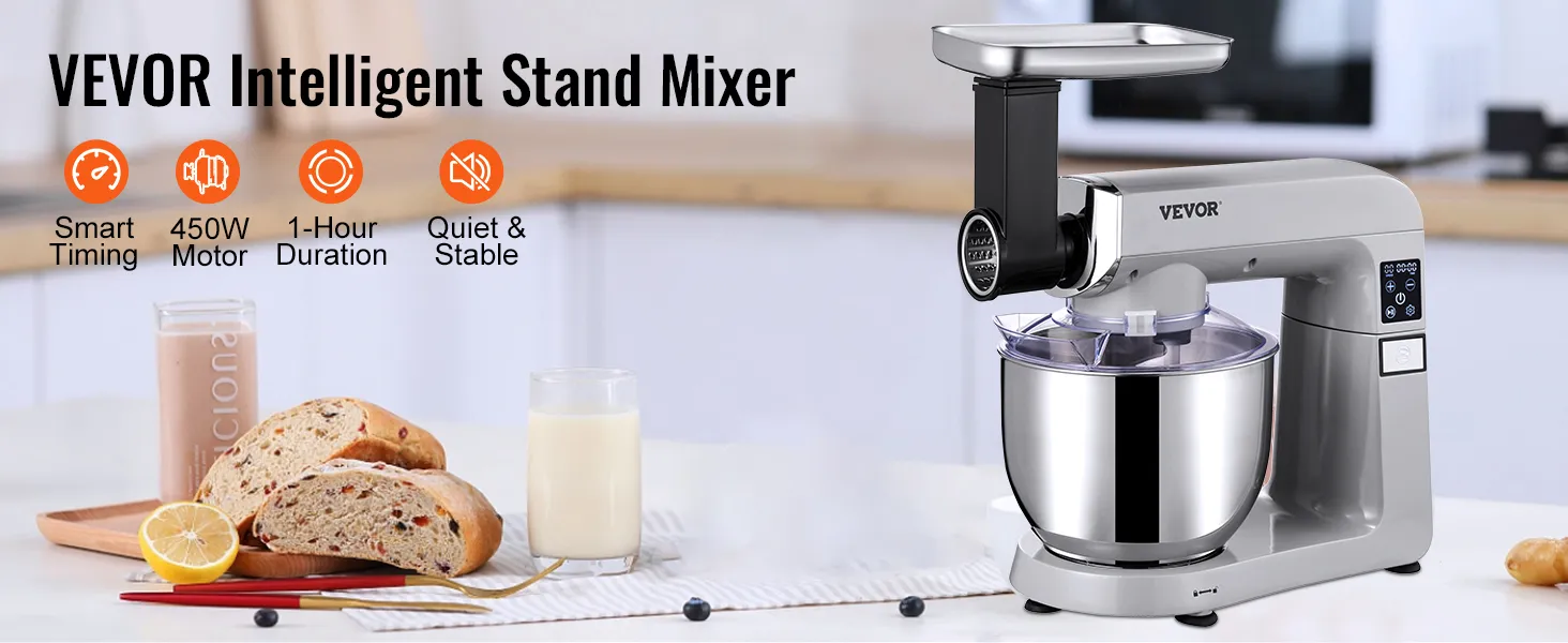 VEVOR stand mixer with 450w motor, 1-hour duration, smart timing, and quiet operation in a kitchen.