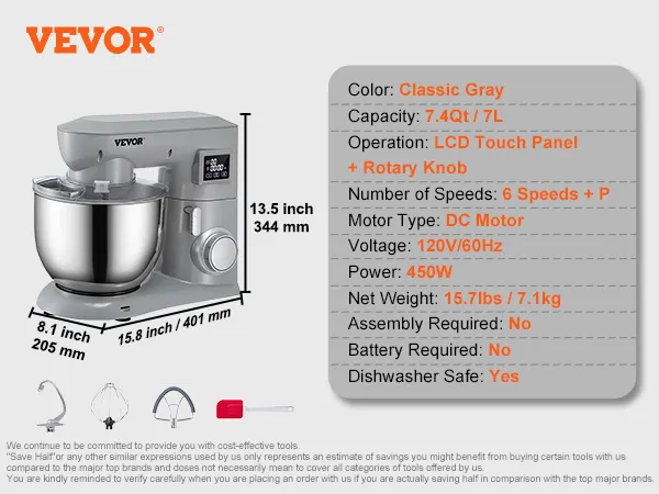VEVOR stand mixer in classic gray, 7.4qt capacity, lcd touch panel, rotary knob, 6 speeds, 450w power.