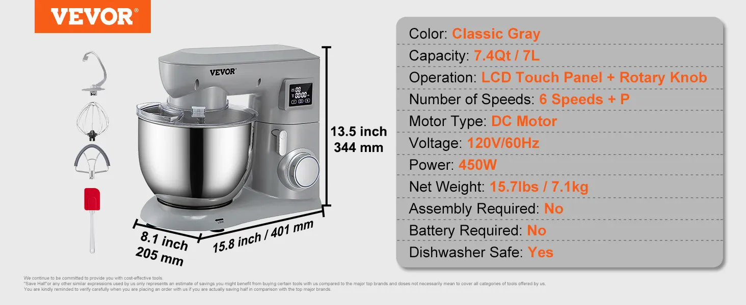 VEVOR stand mixer in classic gray, 7.4qt capacity, lcd touch panel, rotary knob, 6 speeds, 450w power.