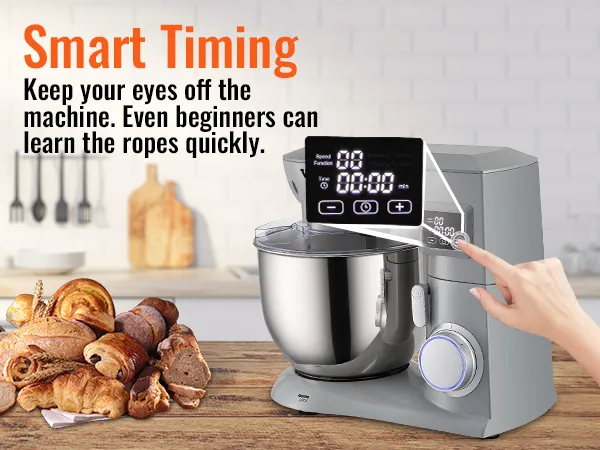 VEVOR stand mixer with smart timing feature in a kitchen with fresh baked bread.