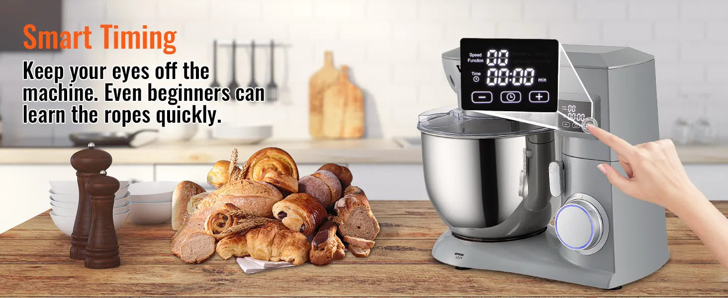 VEVOR stand mixer with smart timing feature in a kitchen with fresh baked bread.