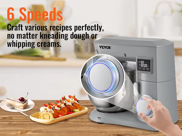 VEVOR stand mixer on kitchen counter, surrounded by pizza, cake, and desserts, with 6 speed settings.
