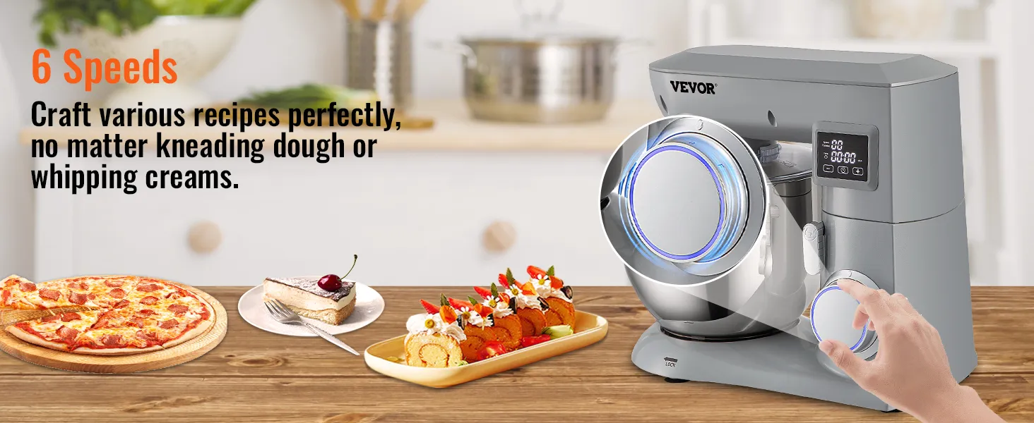 VEVOR stand mixer on kitchen counter, surrounded by pizza, cake, and desserts, with 6 speed settings.
