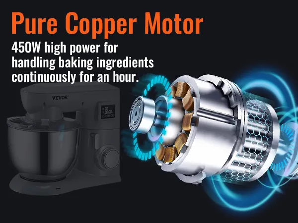 VEVOR stand mixer with 450w pure copper motor for continuous baking efficiency, showcasing motor detail.