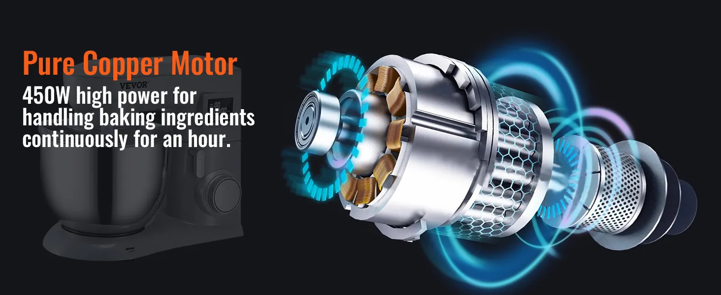 VEVOR stand mixer with 450w pure copper motor for continuous baking efficiency, showcasing motor detail.