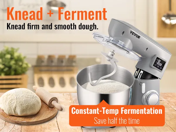 VEVOR stand mixer in kitchen with dough, eggs, flour, and constant-temp fermentation feature.