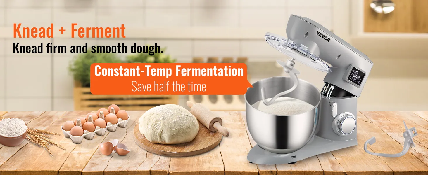 VEVOR stand mixer in kitchen with dough, eggs, flour, and constant-temp fermentation feature.