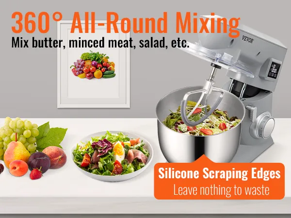 VEVOR stand mixer with 360° all-around mixing, stainless steel bowl, and fresh ingredients.