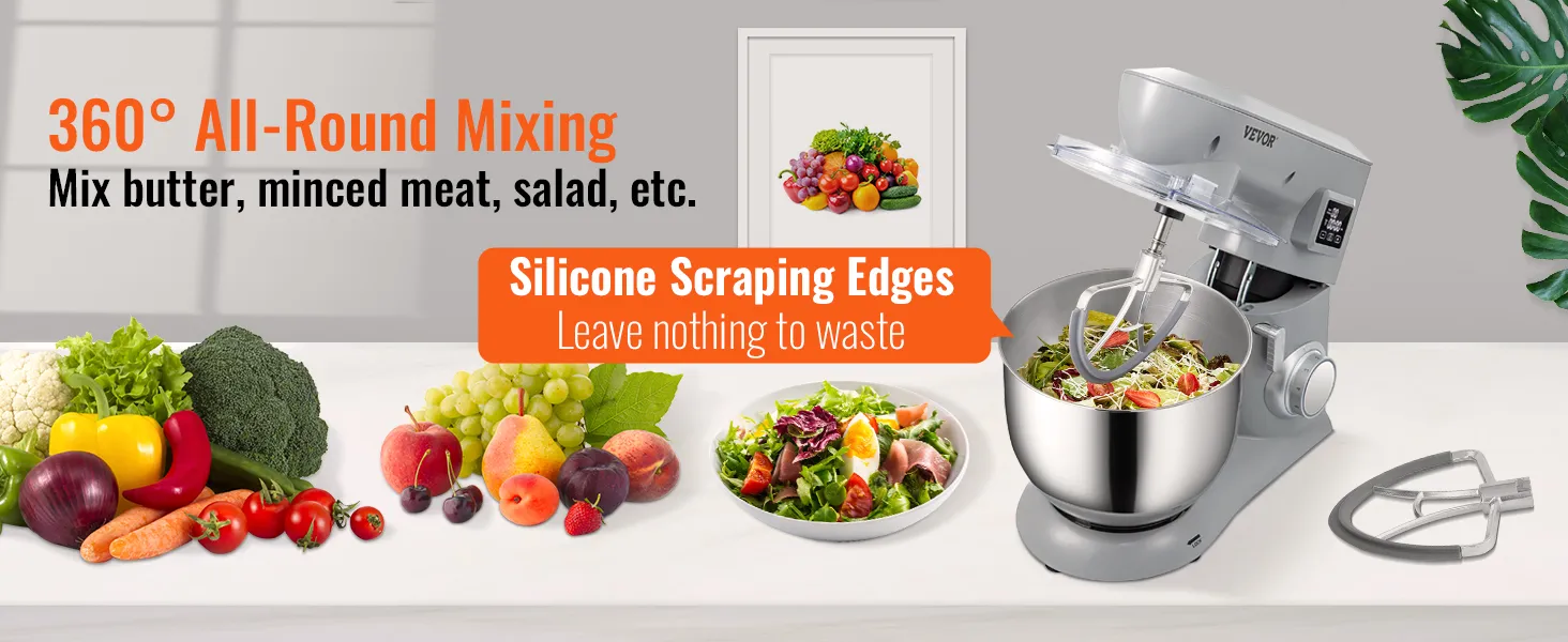 VEVOR stand mixer with 360° all-around mixing, stainless steel bowl, and fresh ingredients.