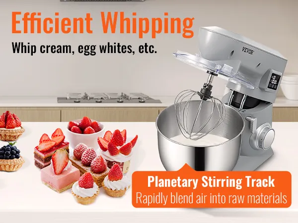VEVOR stand mixer in a kitchen whipping cream, surrounded by desserts and showcasing a planetary stirring track.