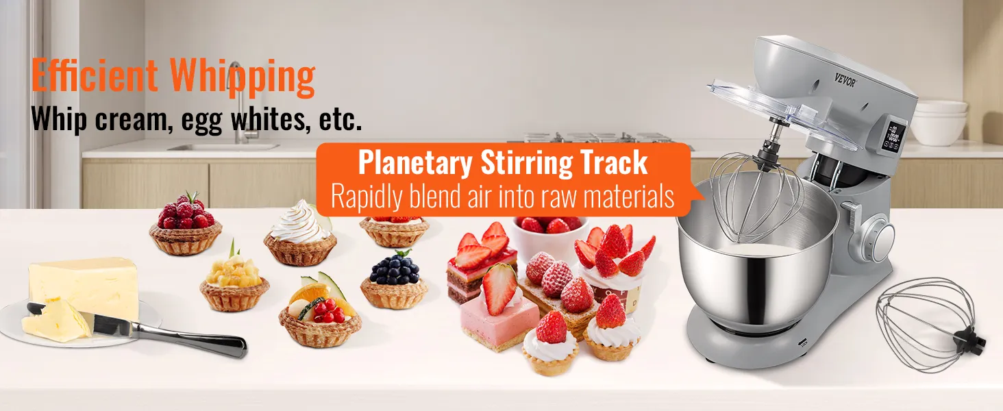 VEVOR stand mixer in a kitchen whipping cream, surrounded by desserts and showcasing a planetary stirring track.