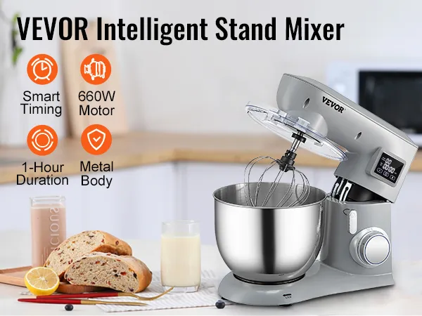 VEVOR stand mixer with smart timing, 450w motor, metal body, and 1-hour duration on kitchen counter.