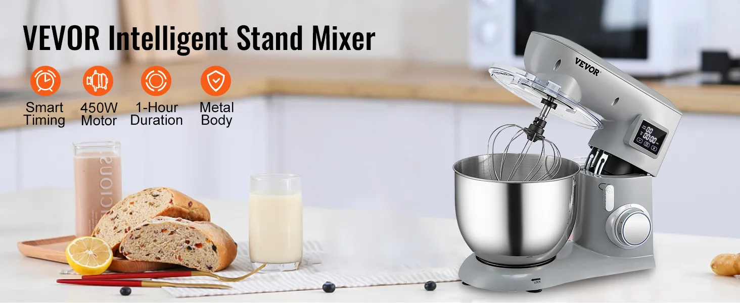 VEVOR stand mixer with smart timing, 450w motor, metal body, and 1-hour duration on kitchen counter.