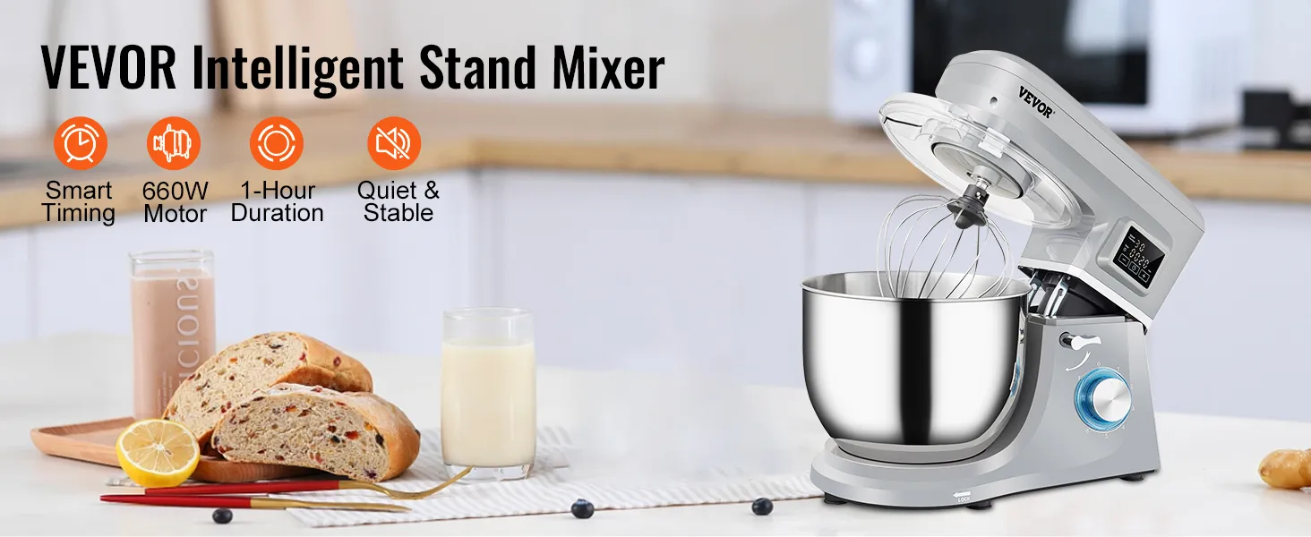 VEVOR stand mixer in a modern kitchen with bread, smoothie, and milk on the counter.
