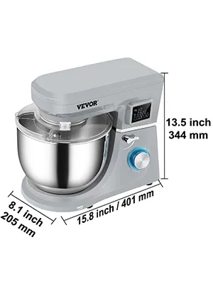 VEVOR stand mixer with stainless steel bowl, control knob, dimensions: 15.8 x 8.1 x 13.5 inches.