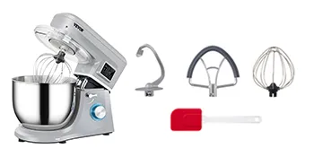 gray VEVOR stand mixer with stainless steel bowl, dough hook, flat beater, whisk, and red spatula.