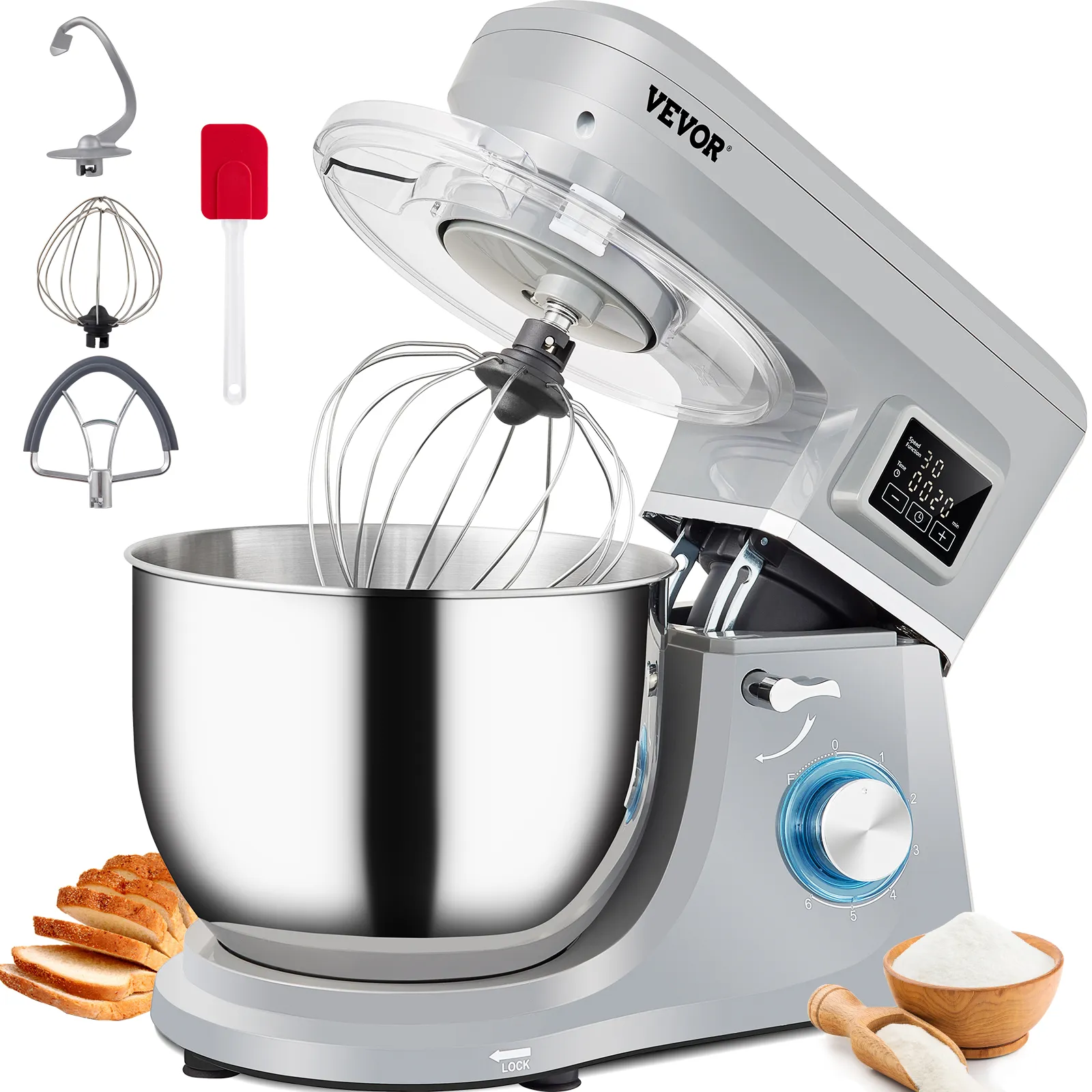 VEVOR stand mixer with attachments, digital display, stainless steel bowl, and baking ingredients.