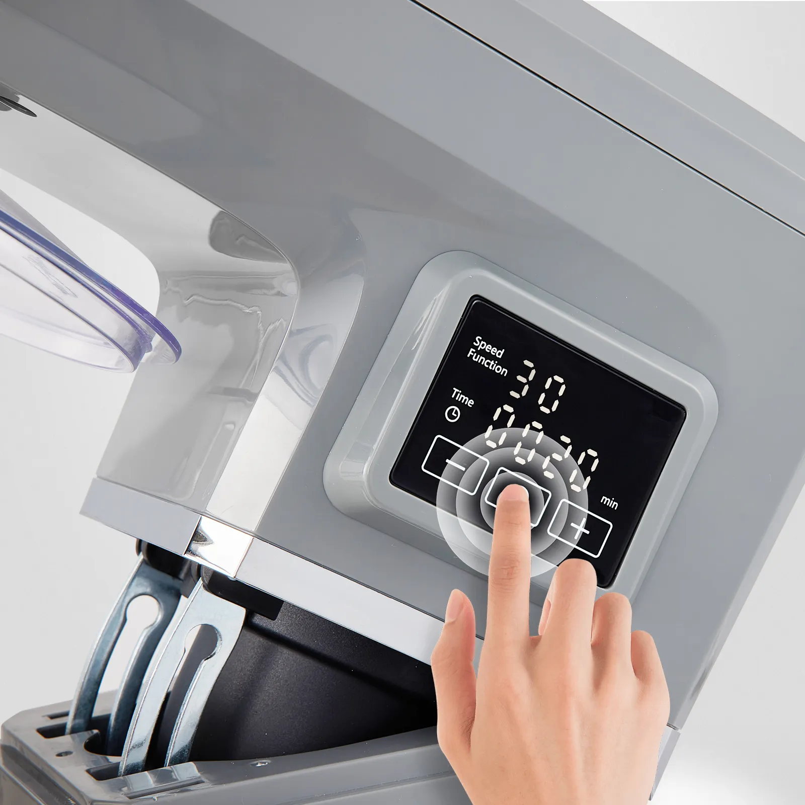 hand adjusting digital control panel of VEVOR stand mixer, highlighting speed and timer settings.