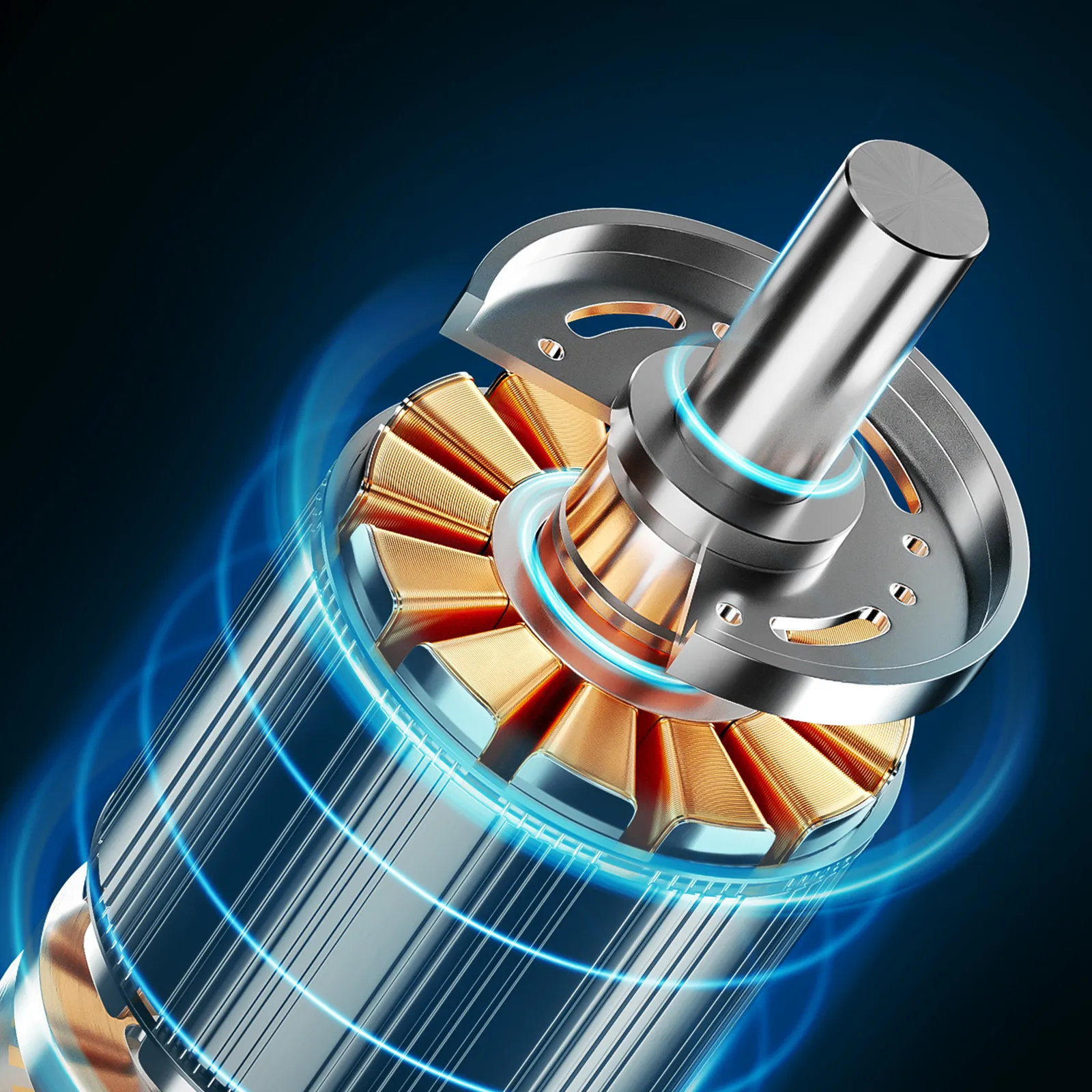 VEVOR stand mixer motor with copper coils and a metallic shaft, surrounded by blue energy rings.