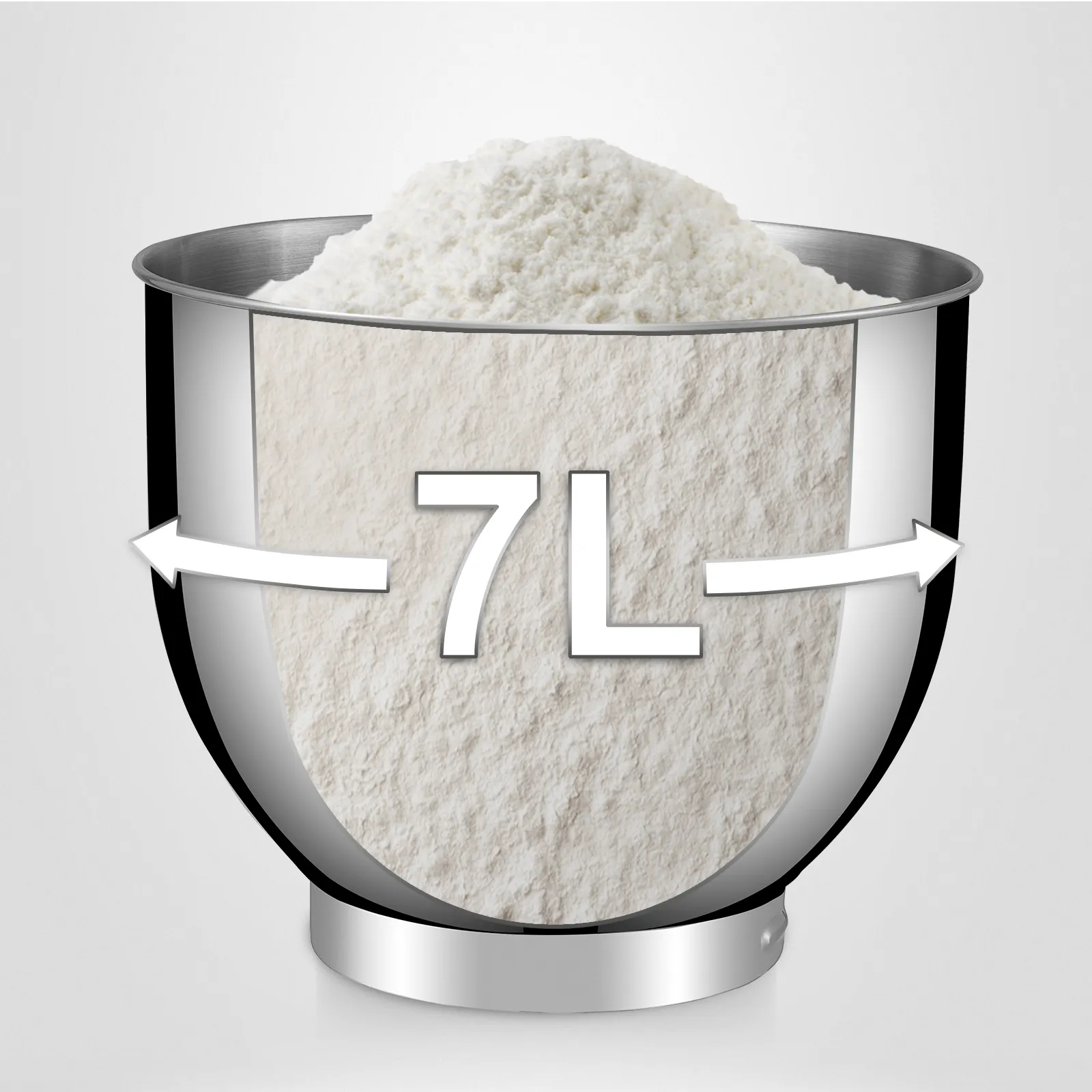 large stainless steel mixing bowl filled with flour, marked with a 7l capacity for VEVOR stand mixer.