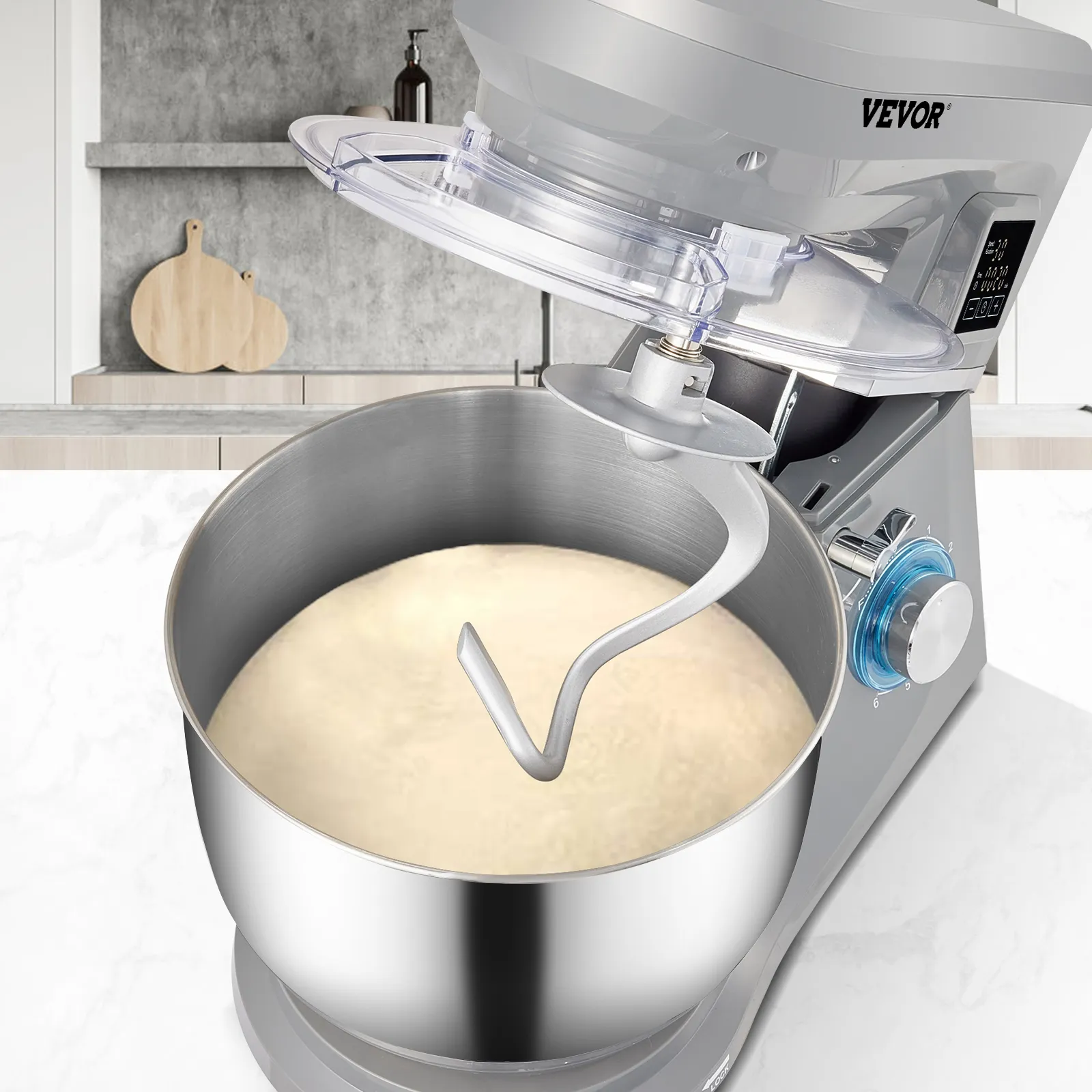 VEVOR stand mixer in modern kitchen with dough hook attachment mixing dough in stainless steel bowl.