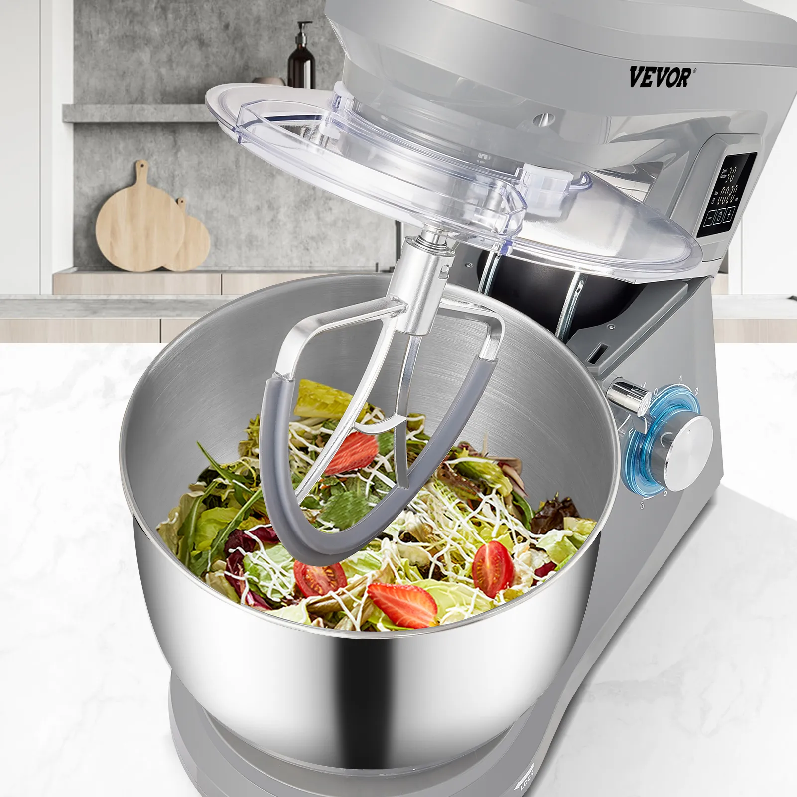 VEVOR stand mixer blending fresh salad ingredients in a modern kitchen setting.