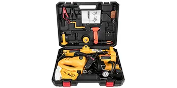 Gato eléctrico para coche VEVOR amarillo en un estuche de transporte negro con herramientas y accesorios.