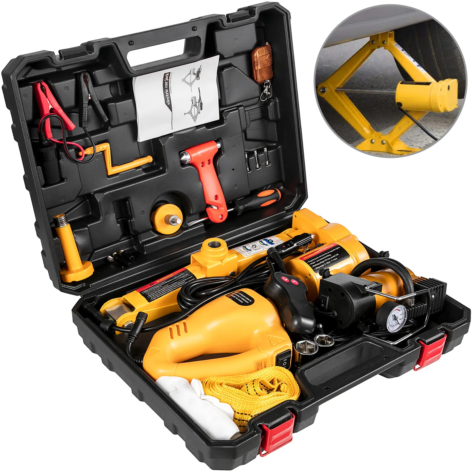 Gato eléctrico para coche VEVOR en un estuche de transporte con accesorios y un primer plano del gato.