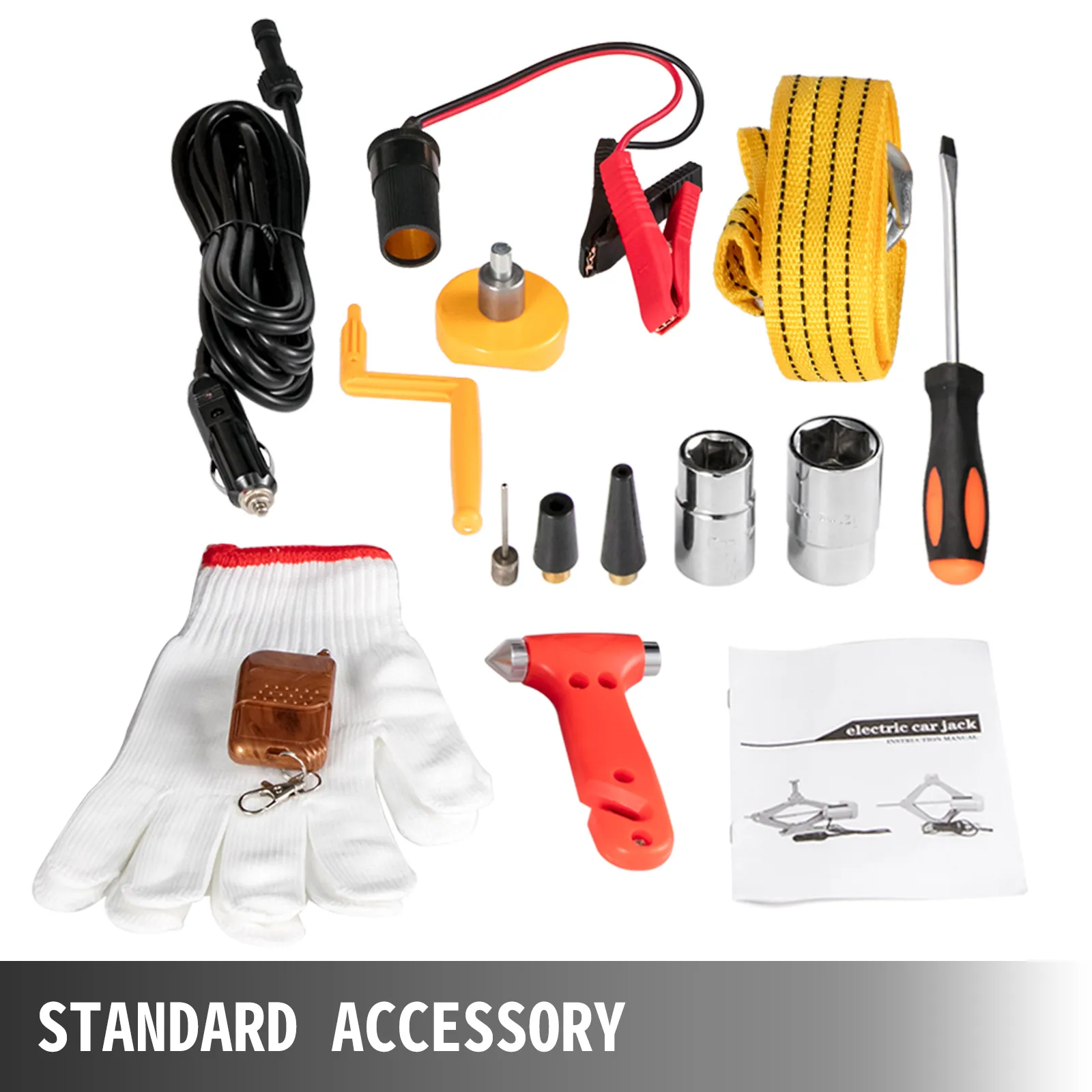 Accesorios para gatos eléctricos VEVOR, incluidos guantes, cables y herramientas.