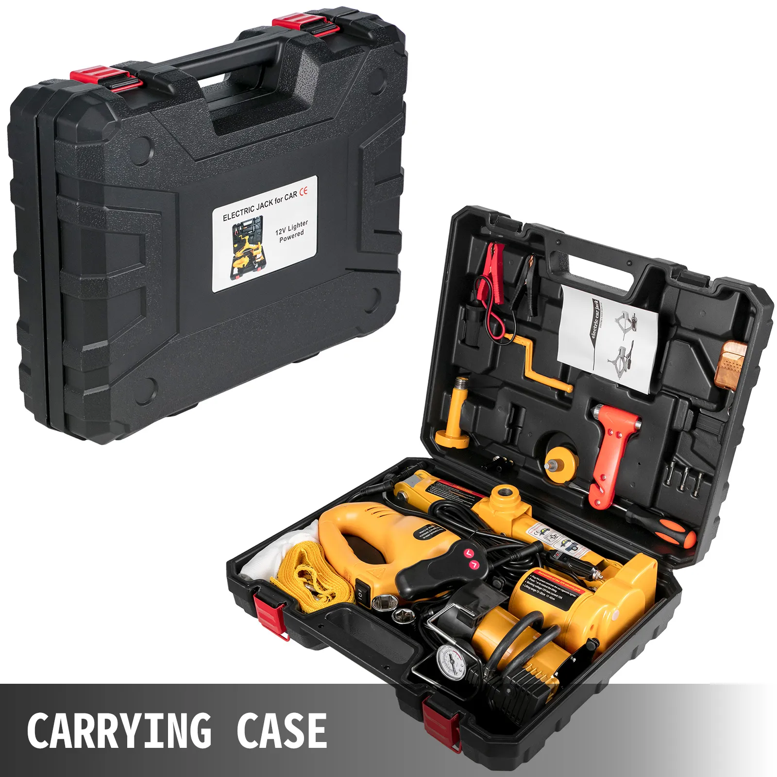 Gato eléctrico para coche VEVOR en estuche de transporte negro, abierto para mostrar herramientas y accesorios.