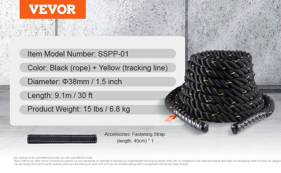 VEVOR battle rope, black and yellow, 9.1m length, 38mm diameter, 15 lbs, includes fastening strap.