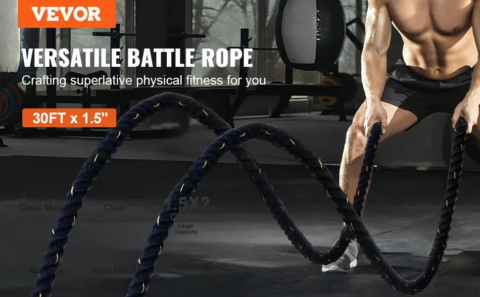man exercising with VEVOR battle rope in gym, displaying strength and workout equipment. 30ft x 1.5".