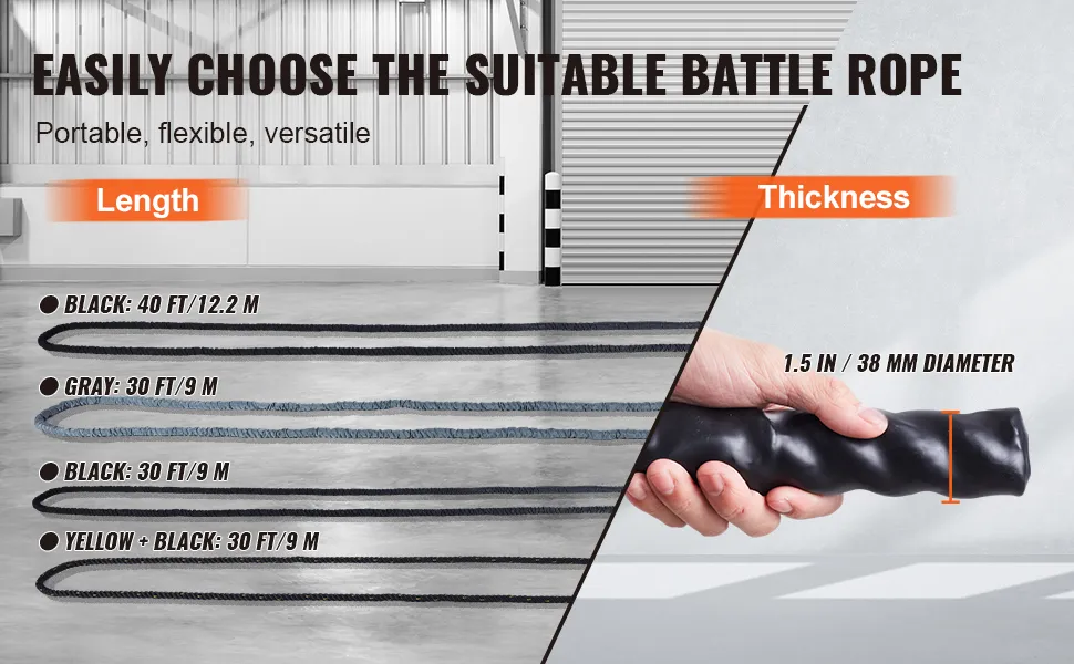 VEVOR battle rope options: lengths include 40 ft/12.2 m and 30 ft/9 m, 1.5 in/38 mm thickness.