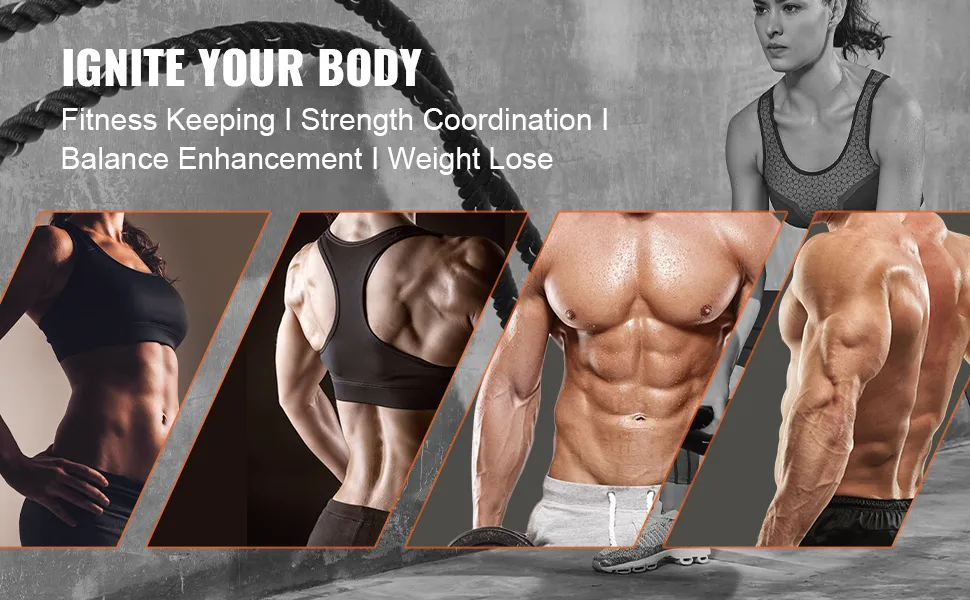 fitness benefits showcased with VEVOR battle rope, highlighting toned and muscular physiques in action.
