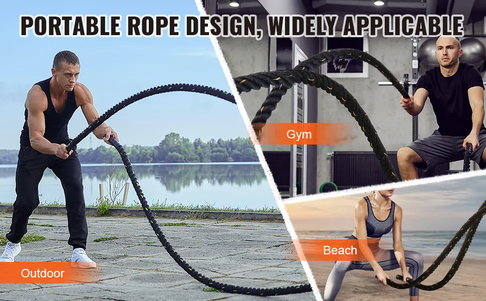 VEVOR battle rope being used in various settings: outdoor, gym, and beach, with focus on portability.