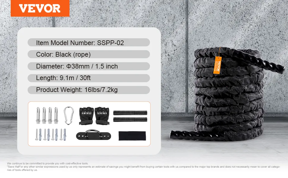 VEVOR battle rope, 1.5-inch diameter, 30ft length, black, 16lbs, with installation accessories included.