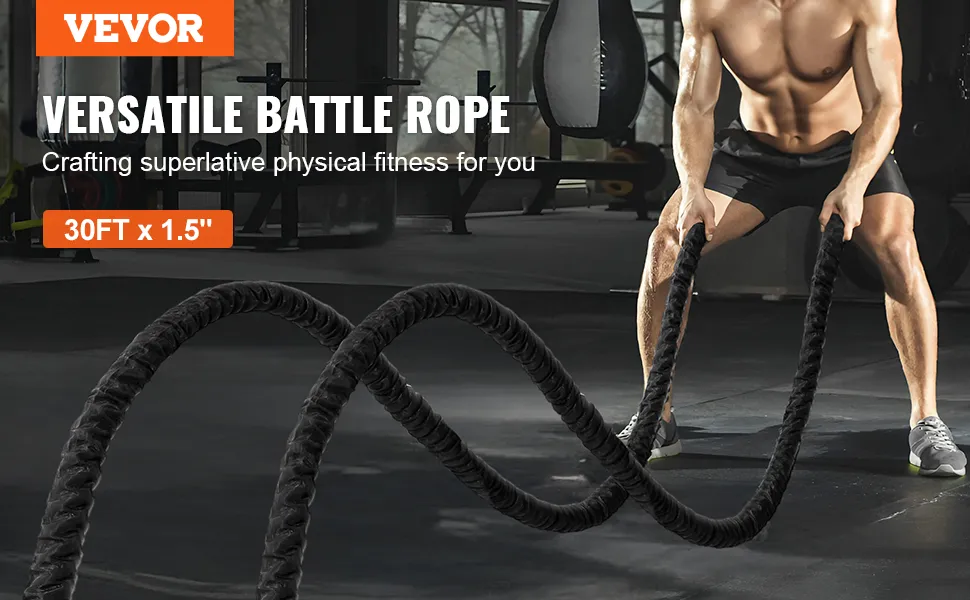 VEVOR battle rope in gym with athlete showcasing 30ft x 1.5" size for physical fitness training.
