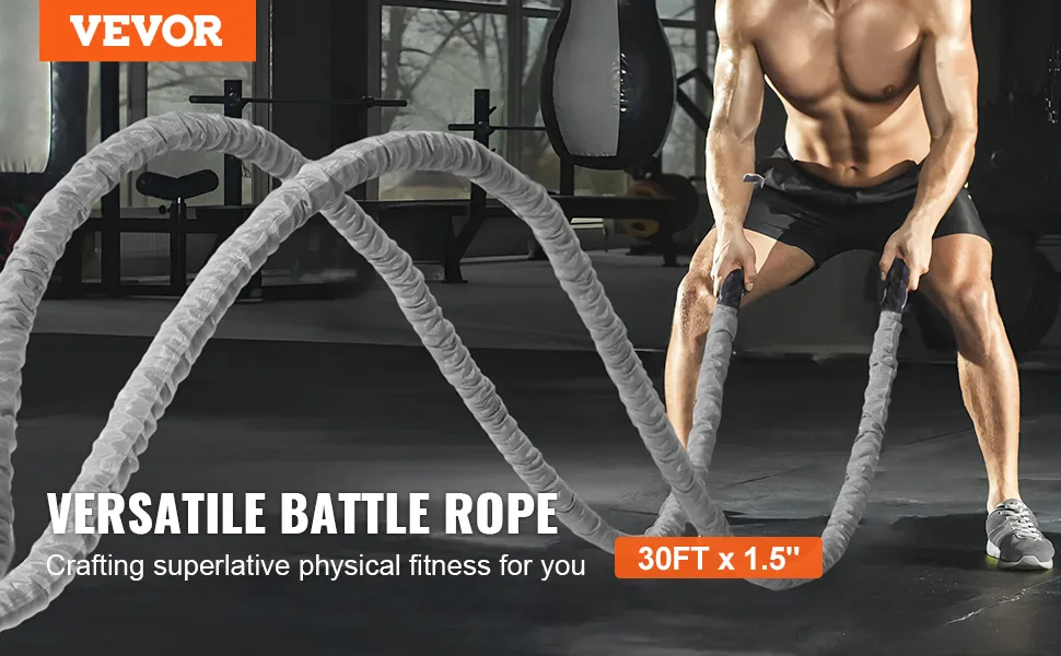 man using VEVOR battle rope in gym, shown mid-exercise with text overlay highlighting features.