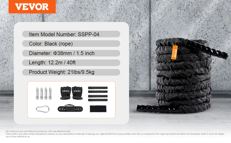 VEVOR battle rope sspp-04, black, 38mm diameter, 12.2m length, 21lbs weight. accessories included.
