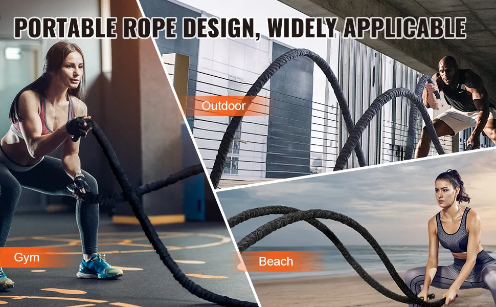 portable VEVOR battle rope for versatile workouts in gym, outdoor, and beach environments.