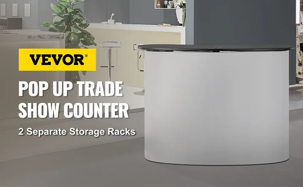 VEVOR exhibition counter stand in modern office with 2 storage racks and plant décor.
