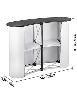 VEVOR exhibition counter stand with black top, white curved panels, and measurements.