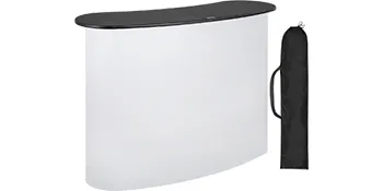 white VEVOR exhibition counter stand with black top and carry bag.