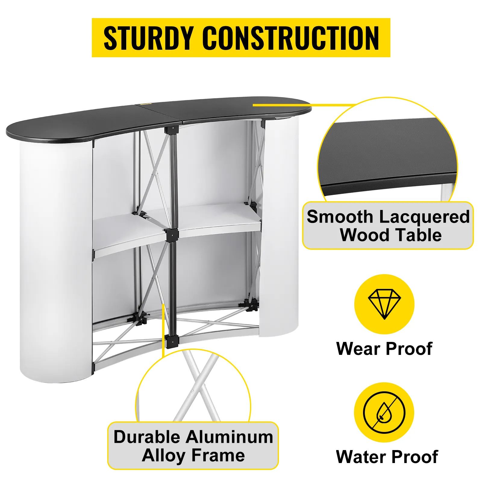 VEVOR exhibition counter stand with aluminum frame and smooth lacquered wood table.