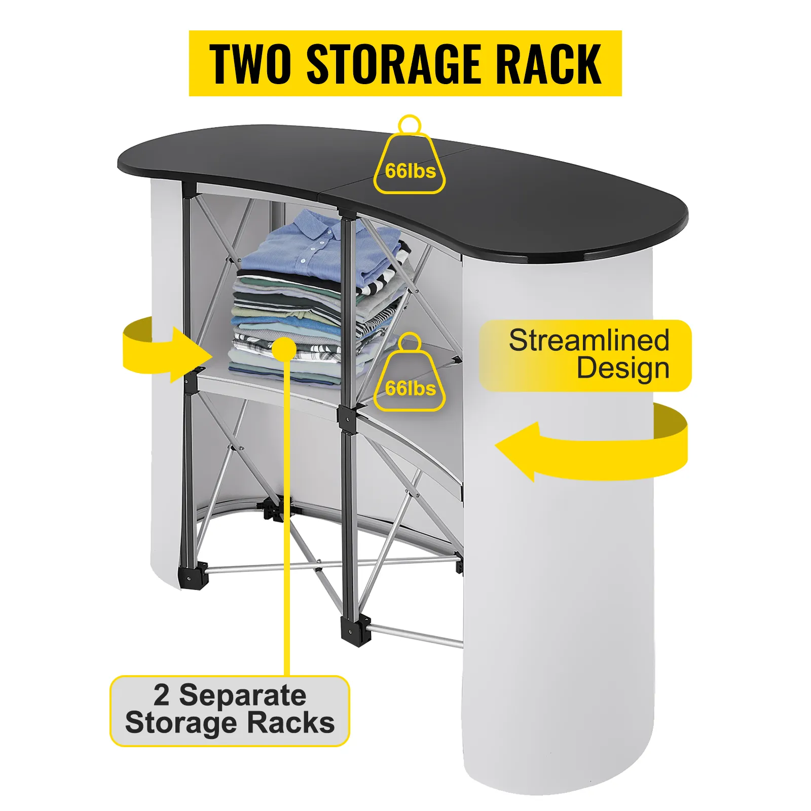 VEVOR exhibition counter stand with two storage racks and streamlined design.