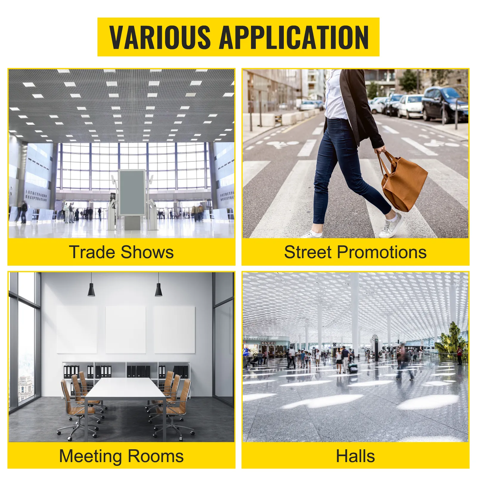 various applications for VEVOR exhibition counter stand: trade shows, street promotions, meeting rooms, halls.