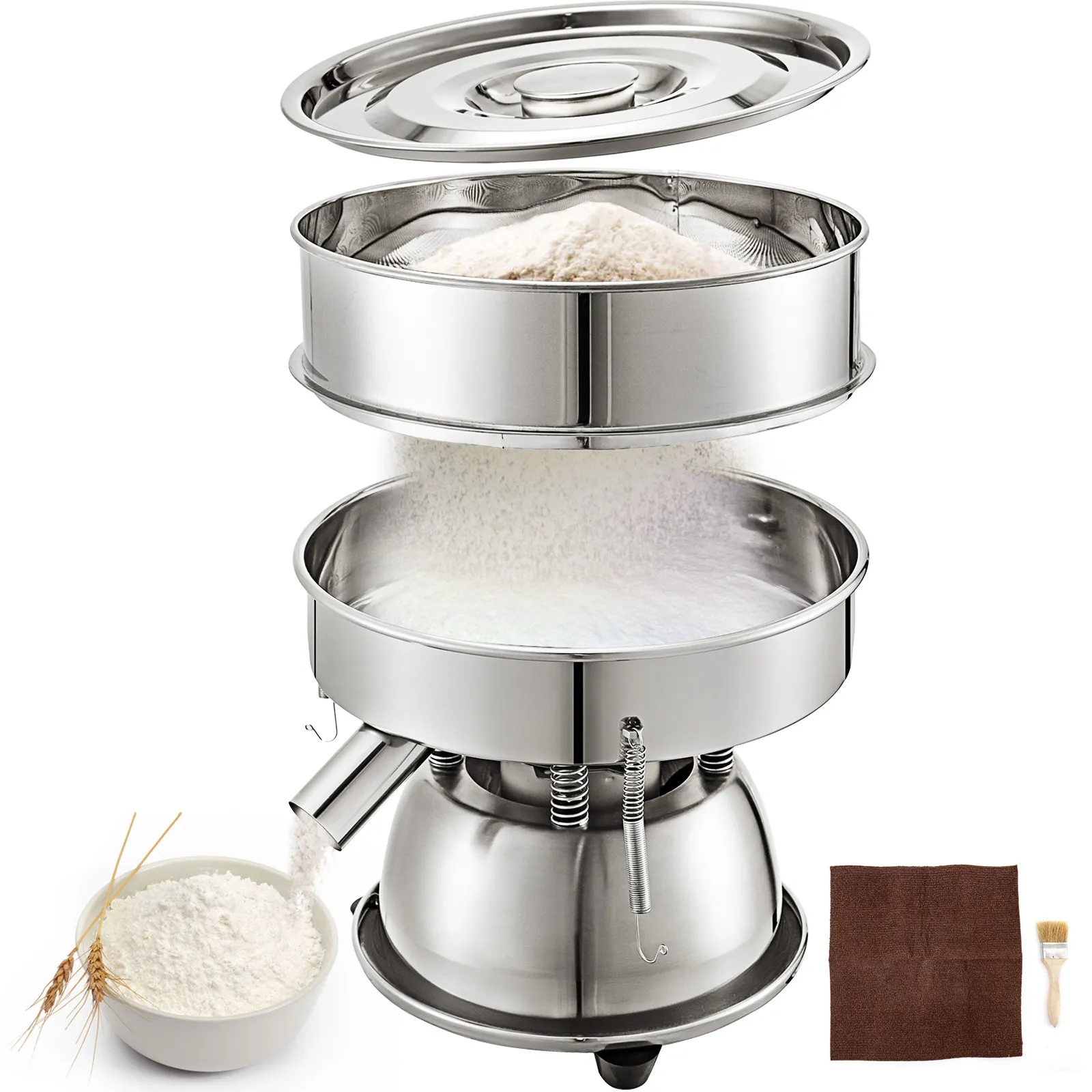VEVOR sieve shaker with flour, cleaning brush, and cloth in stainless steel design.