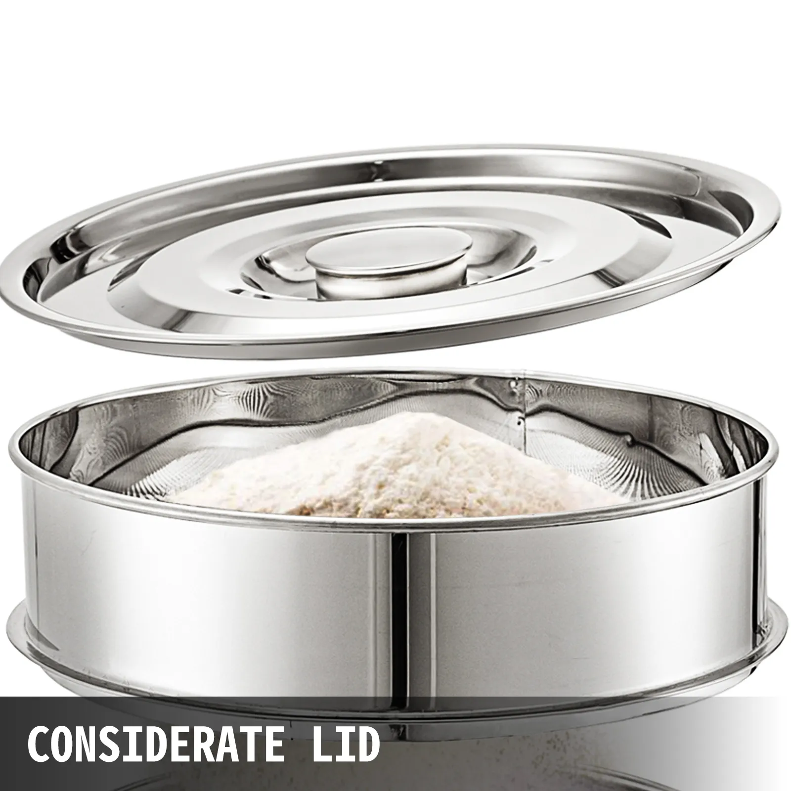 VEVOR sieve shaker with considerate lid and sifter filled with powdered material.