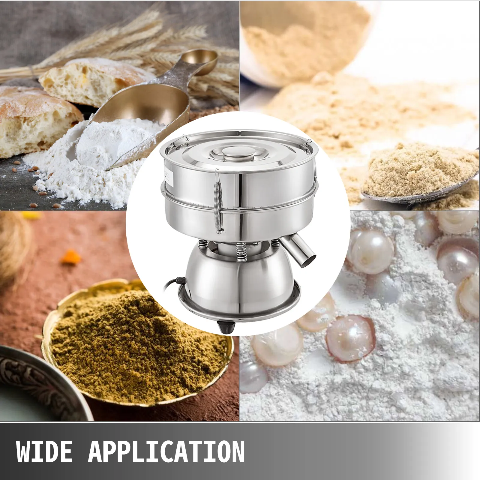 VEVOR sieve shaker with various powders and grains, highlighting wide application.